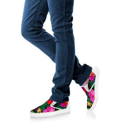 Purple Tropical Pattern Print White Slip On Sneakers