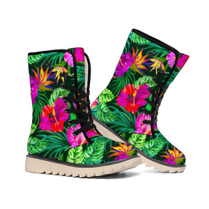 Purple Tropical Pattern Print Winter Boots