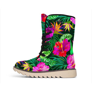 Purple Tropical Pattern Print Winter Boots