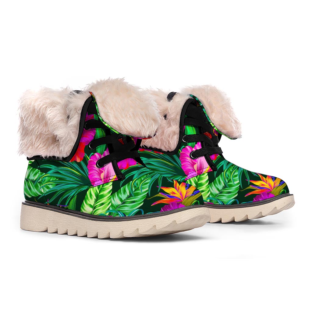 Purple Tropical Pattern Print Winter Boots