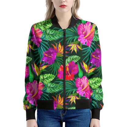 Purple Tropical Pattern Print Women's Bomber Jacket