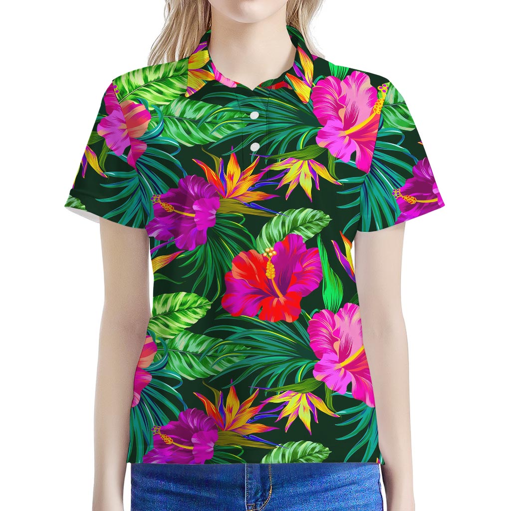 Purple Tropical Pattern Print Women's Polo Shirt