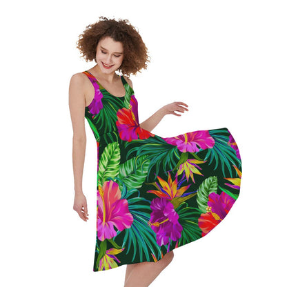 Purple Tropical Pattern Print Women's Sleeveless Dress
