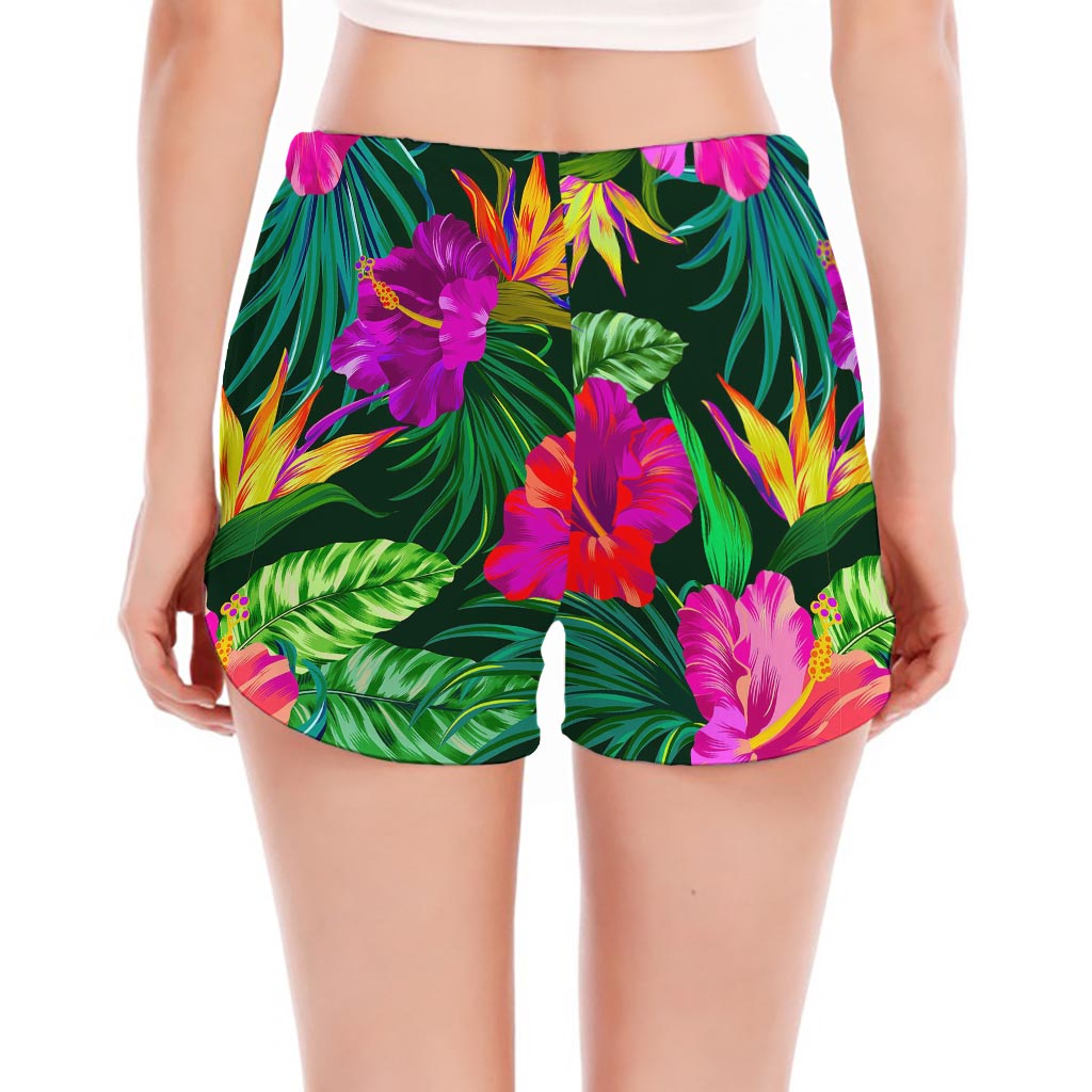Purple Tropical Pattern Print Women's Split Running Shorts