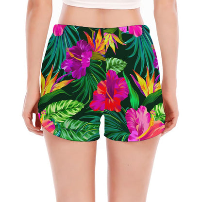 Purple Tropical Pattern Print Women's Split Running Shorts