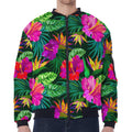 Purple Tropical Pattern Print Zip Sleeve Bomber Jacket