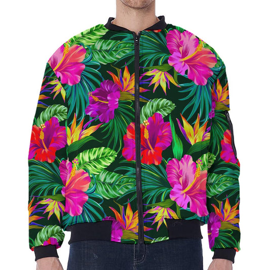 Purple Tropical Pattern Print Zip Sleeve Bomber Jacket