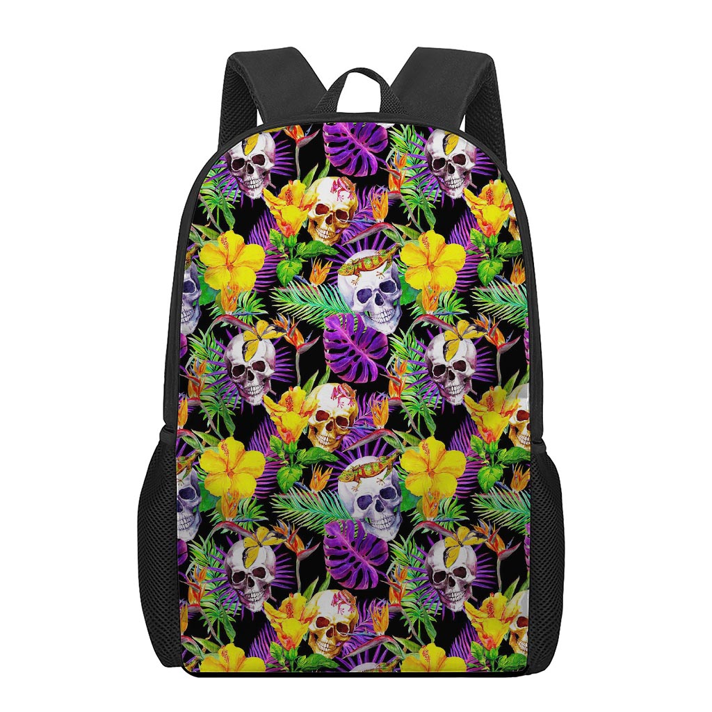 Purple Tropical Skull Pattern Print 17 Inch Backpack