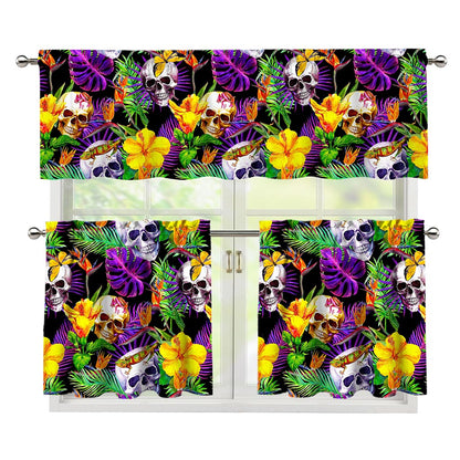 Purple Tropical Skull Pattern Print 3 Piece Kitchen Curtains