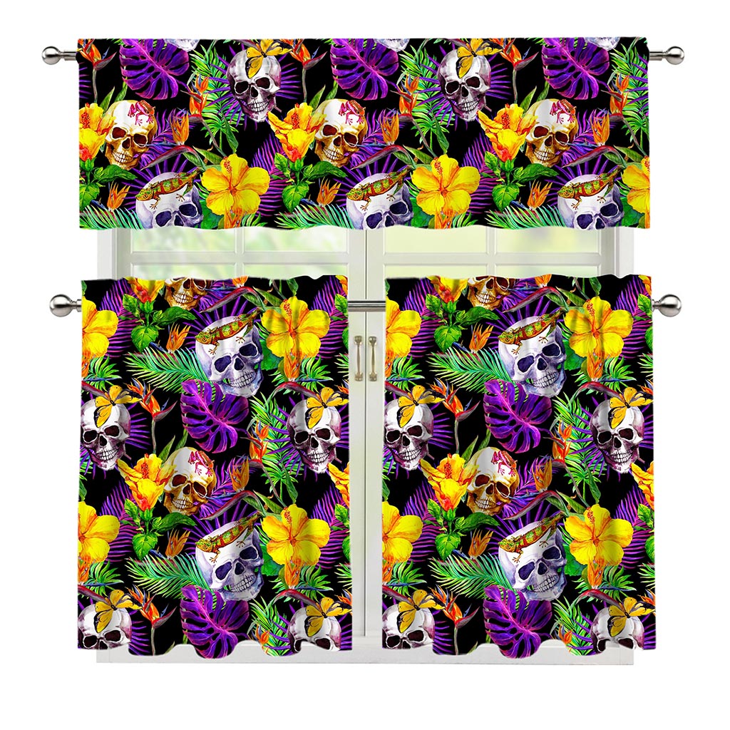 Purple Tropical Skull Pattern Print 3 Piece Kitchen Curtains