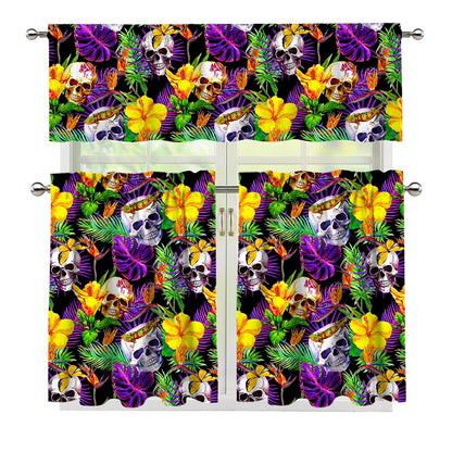 Purple Tropical Skull Pattern Print 3 Piece Kitchen Curtains