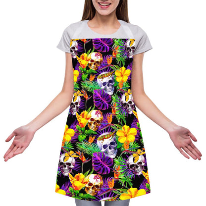 Purple Tropical Skull Pattern Print Adjustable Apron