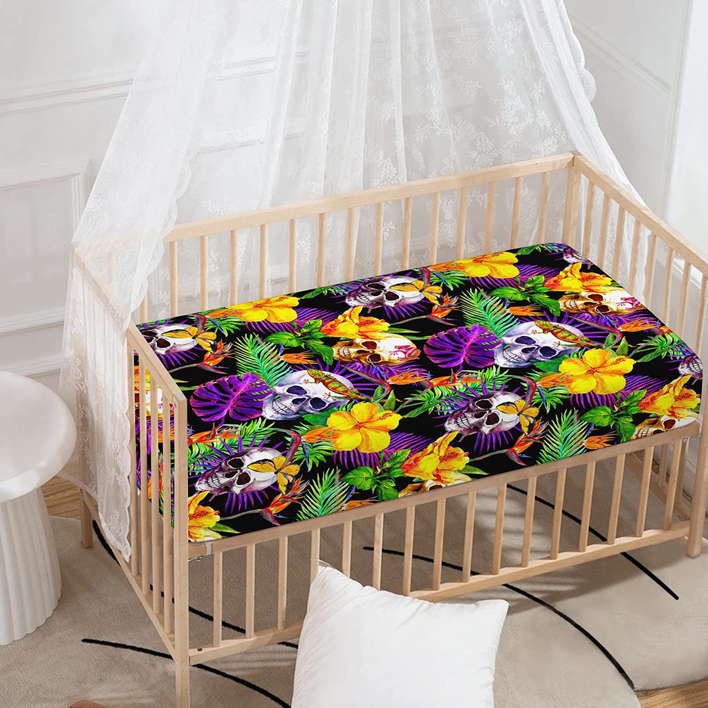 Purple Tropical Skull Pattern Print Baby Crib Sheet