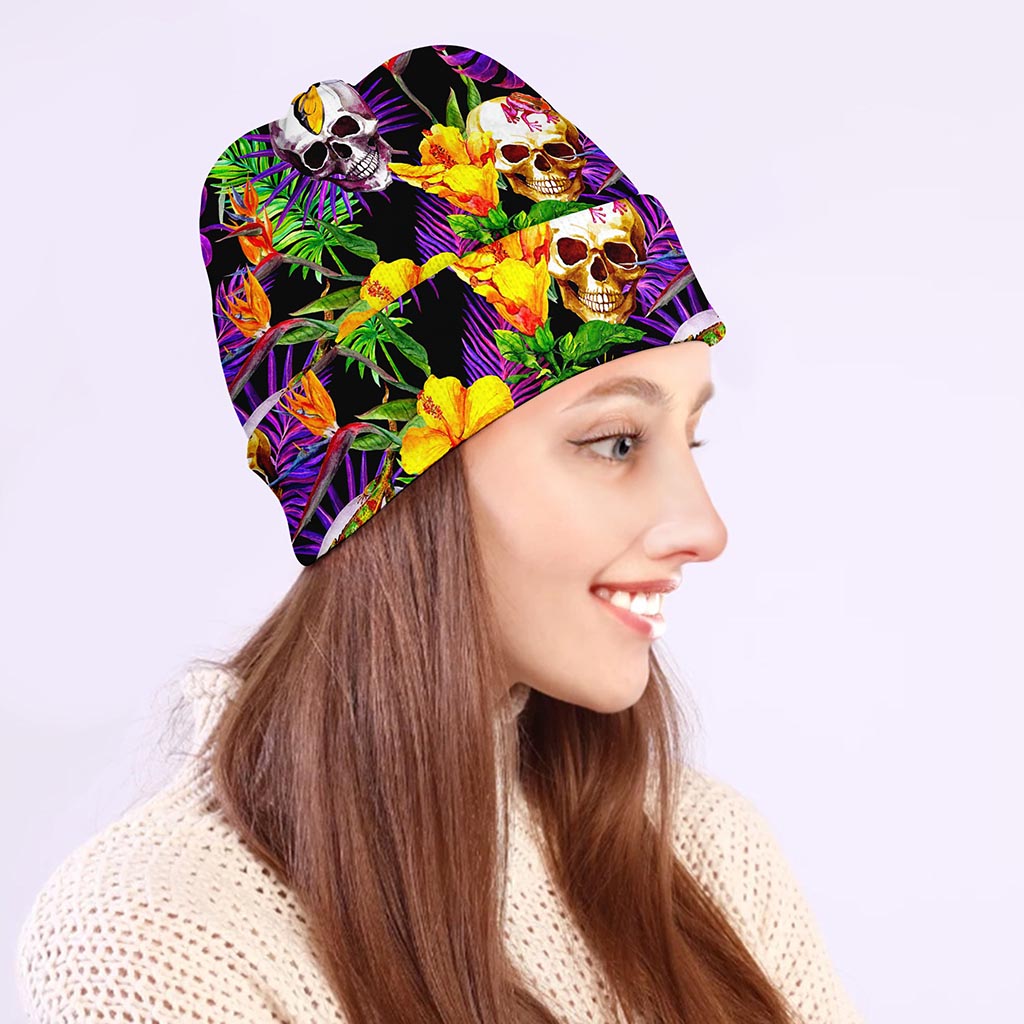 Purple Tropical Skull Pattern Print Beanie