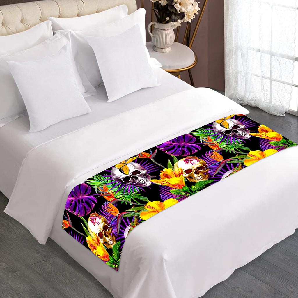 Purple Tropical Skull Pattern Print Bed Runner