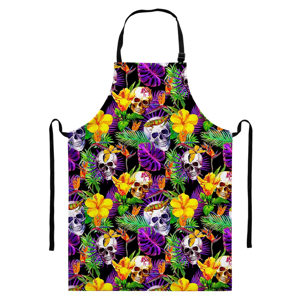 Purple Tropical Skull Pattern Print Bib Apron With Pocket