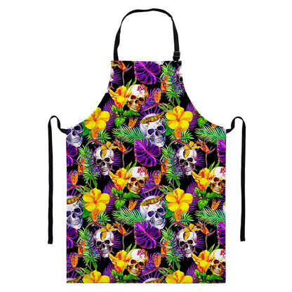 Purple Tropical Skull Pattern Print Bib Apron With Pocket