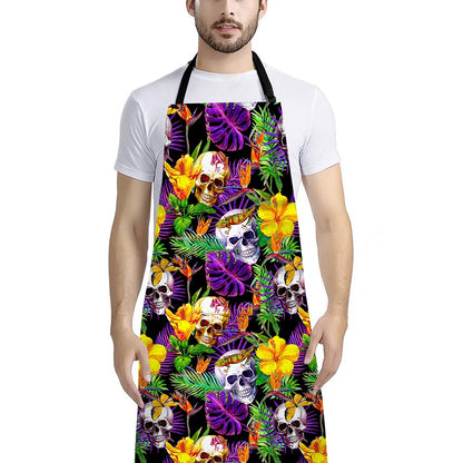 Purple Tropical Skull Pattern Print Bib Apron With Pocket