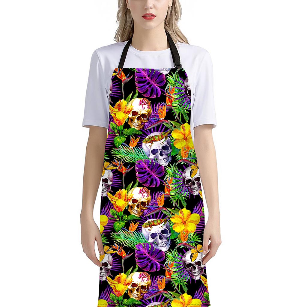 Purple Tropical Skull Pattern Print Bib Apron With Pocket