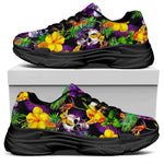 Purple Tropical Skull Pattern Print Black Chunky Shoes