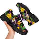 Purple Tropical Skull Pattern Print Black Chunky Shoes