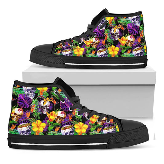 Purple Tropical Skull Pattern Print Black High Top Sneakers