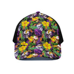 Purple Tropical Skull Pattern Print Black Mesh Trucker Cap