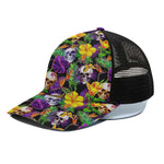 Purple Tropical Skull Pattern Print Black Mesh Trucker Cap