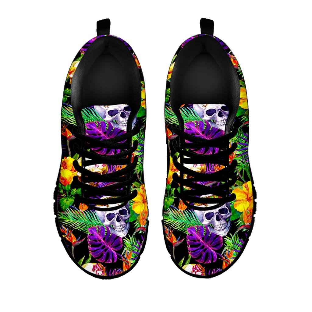 Purple Tropical Skull Pattern Print Black Running Shoes