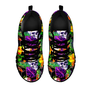 Purple Tropical Skull Pattern Print Black Running Shoes