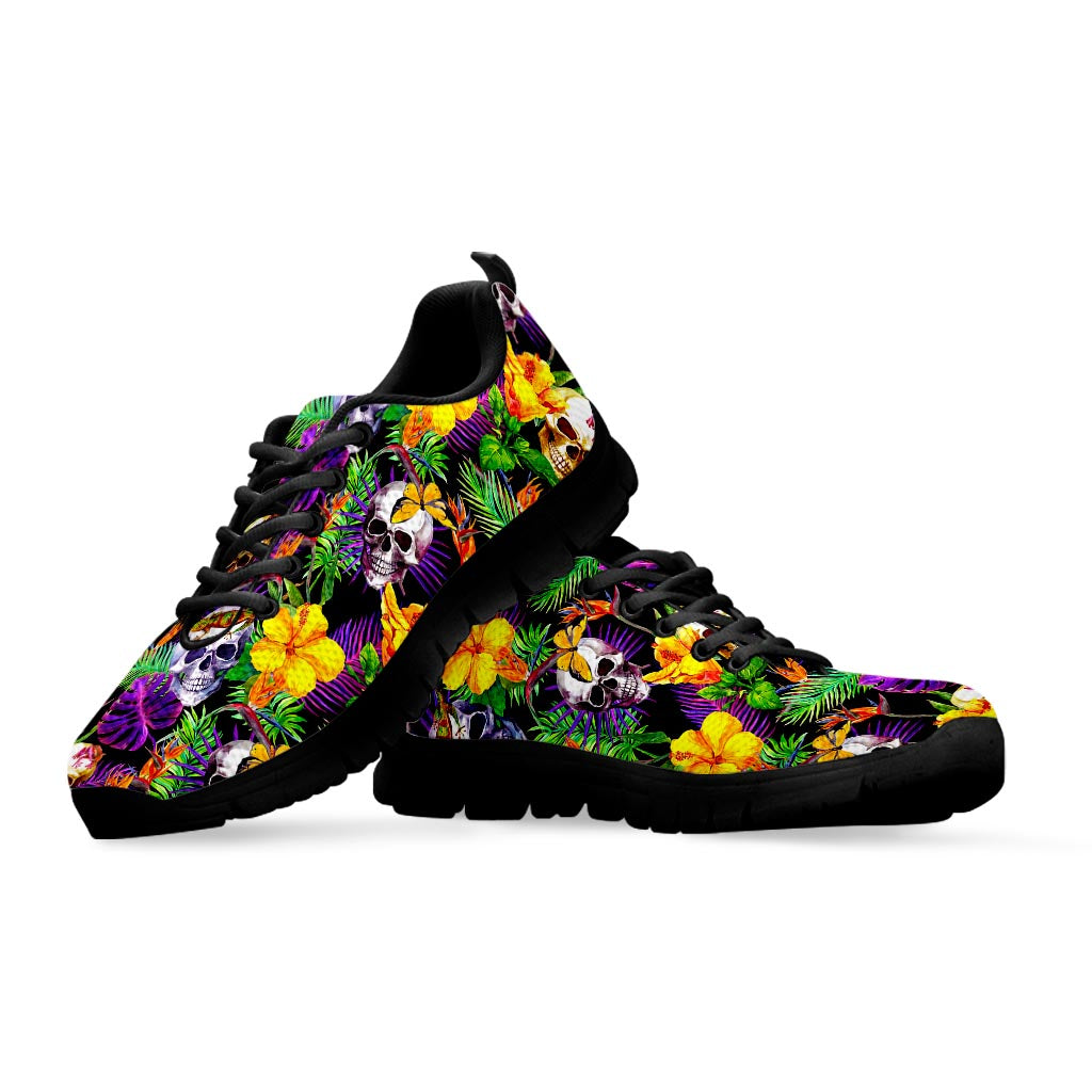 Purple Tropical Skull Pattern Print Black Running Shoes