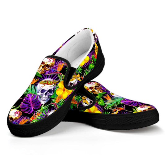 Purple Tropical Skull Pattern Print Black Slip On Sneakers