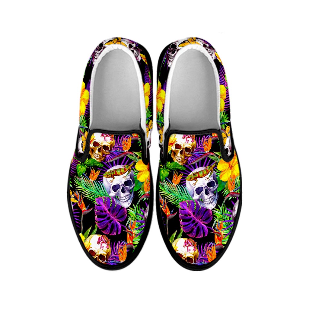 Purple Tropical Skull Pattern Print Black Slip On Sneakers
