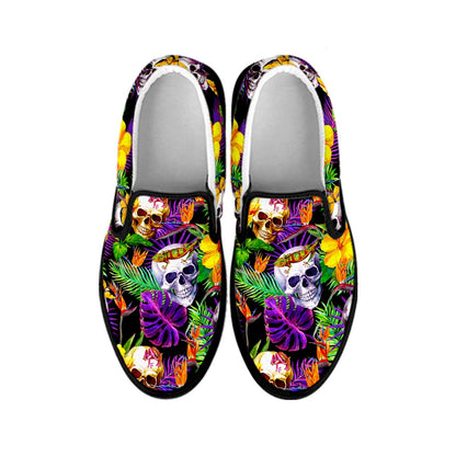 Purple Tropical Skull Pattern Print Black Slip On Sneakers