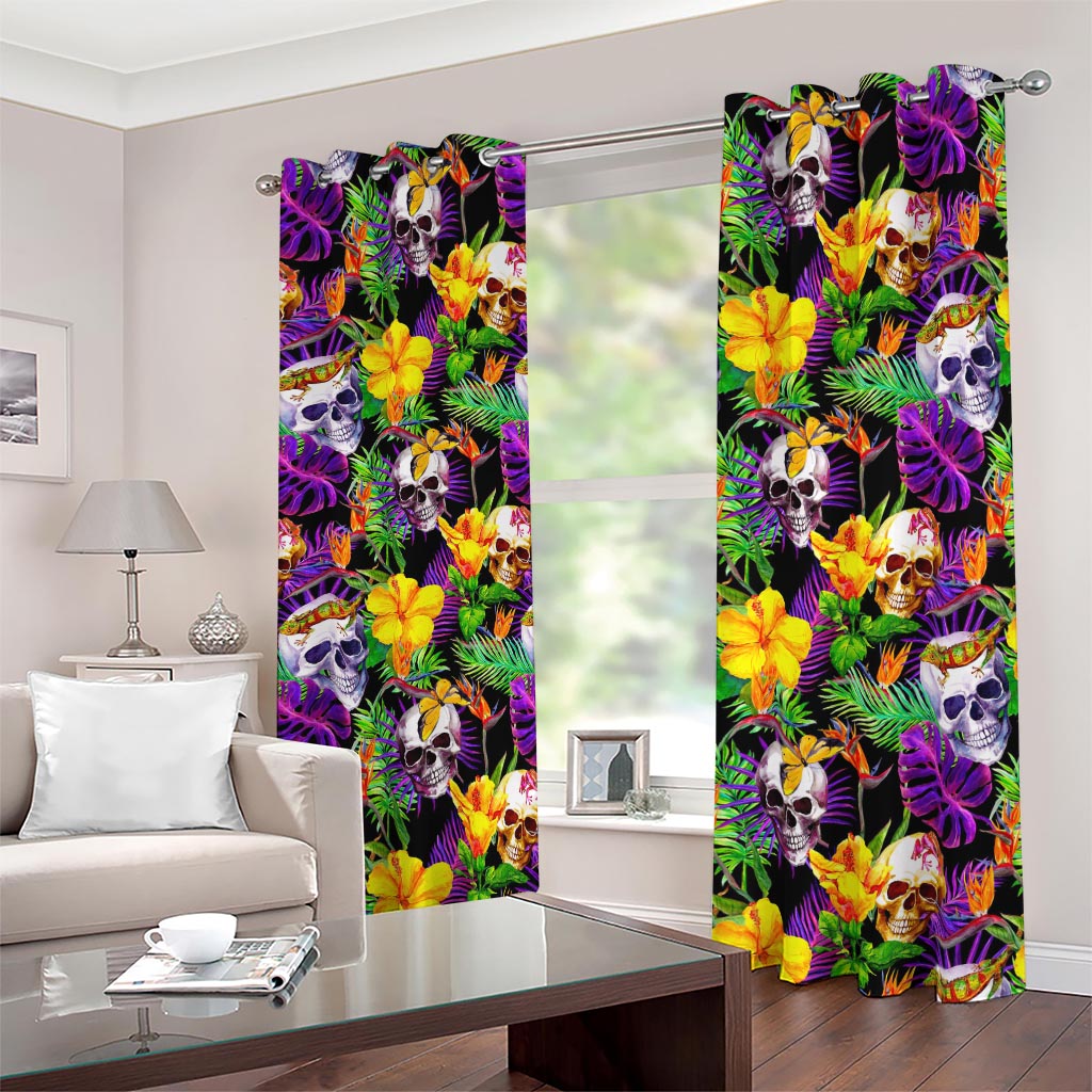 Purple Tropical Skull Pattern Print Blackout Grommet Curtains