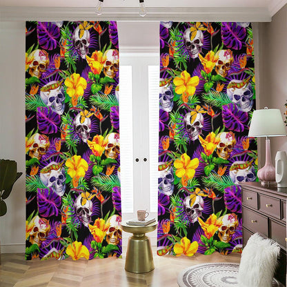 Purple Tropical Skull Pattern Print Blackout Pencil Pleat Curtains