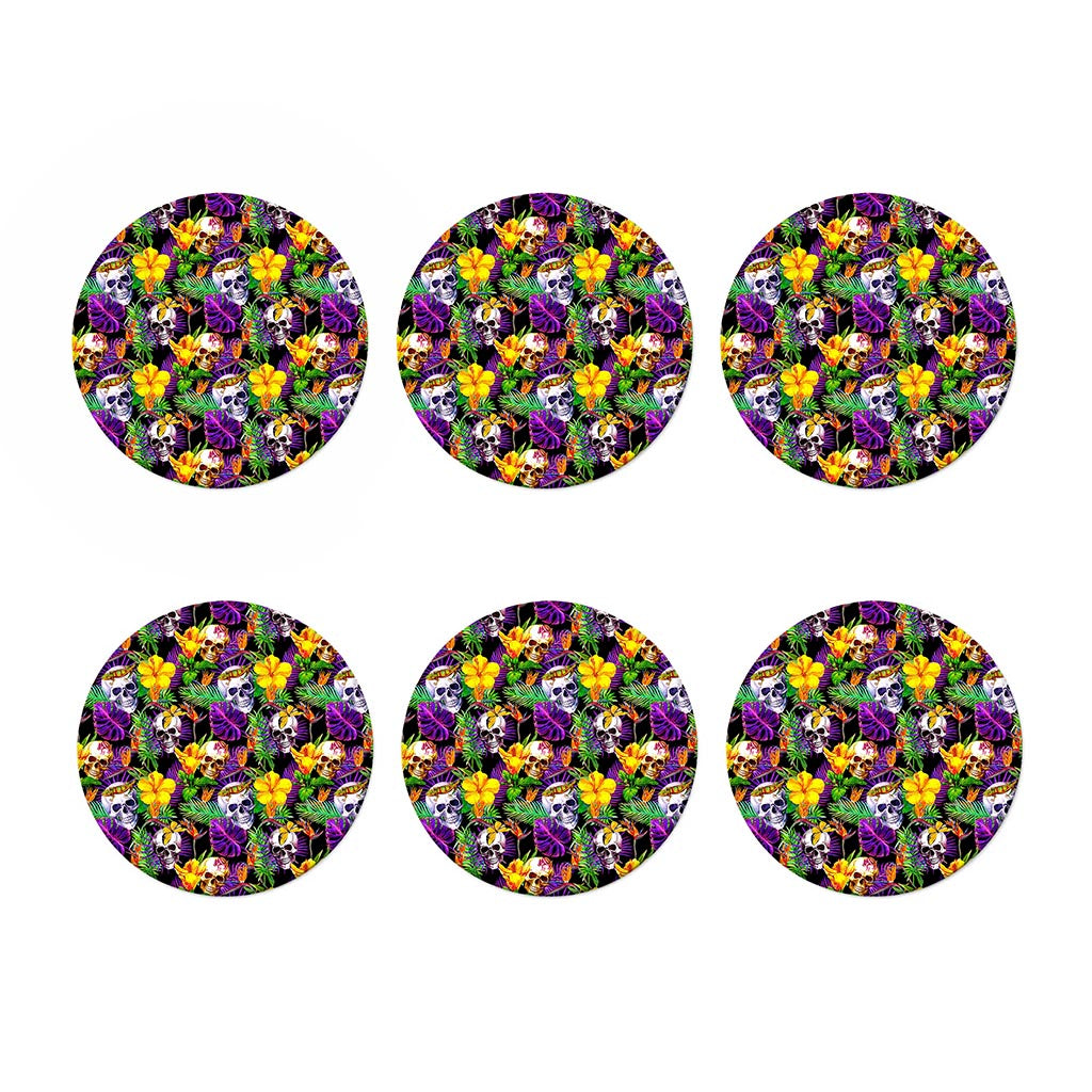 Purple Tropical Skull Pattern Print Coaster Set