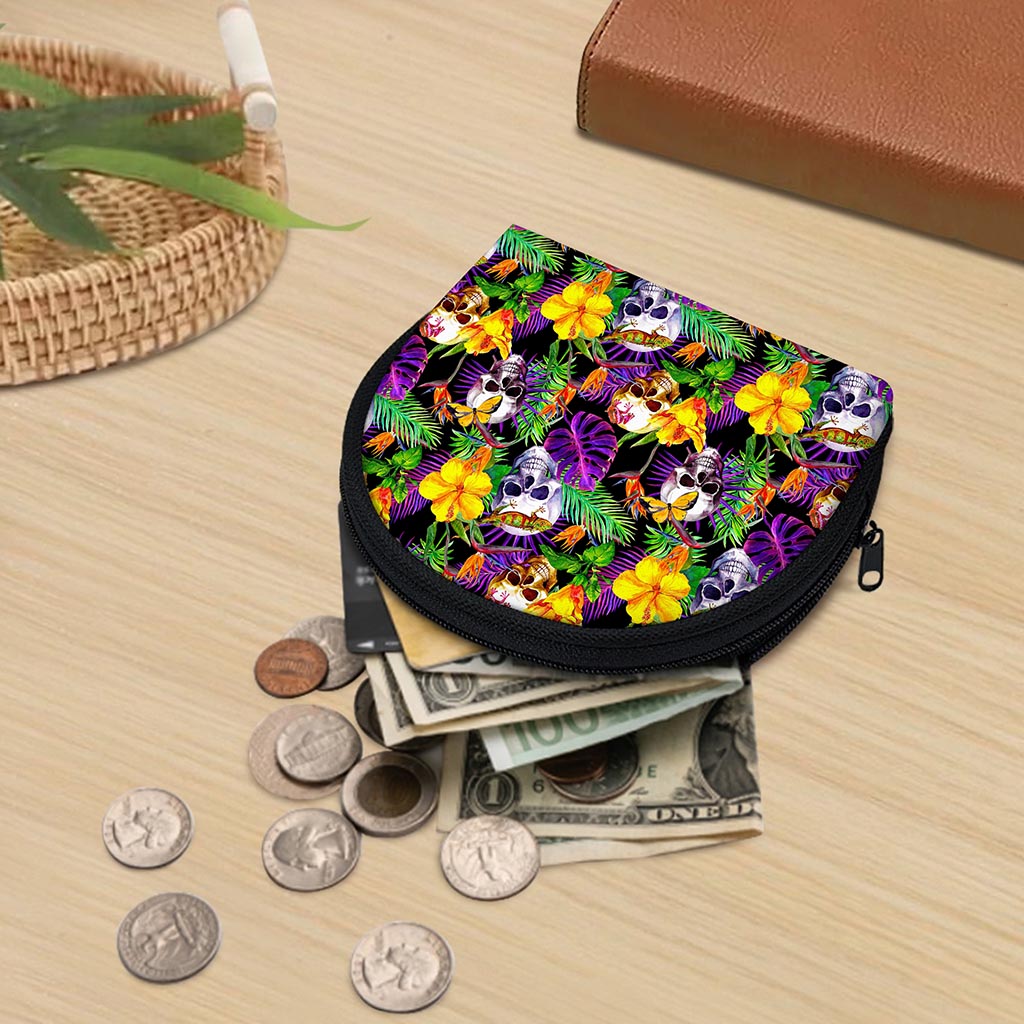 Purple Tropical Skull Pattern Print Coin Purse