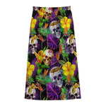 Purple Tropical Skull Pattern Print Cotton Front Slit Maxi Skirt
