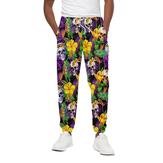 Purple Tropical Skull Pattern Print Cotton Pants