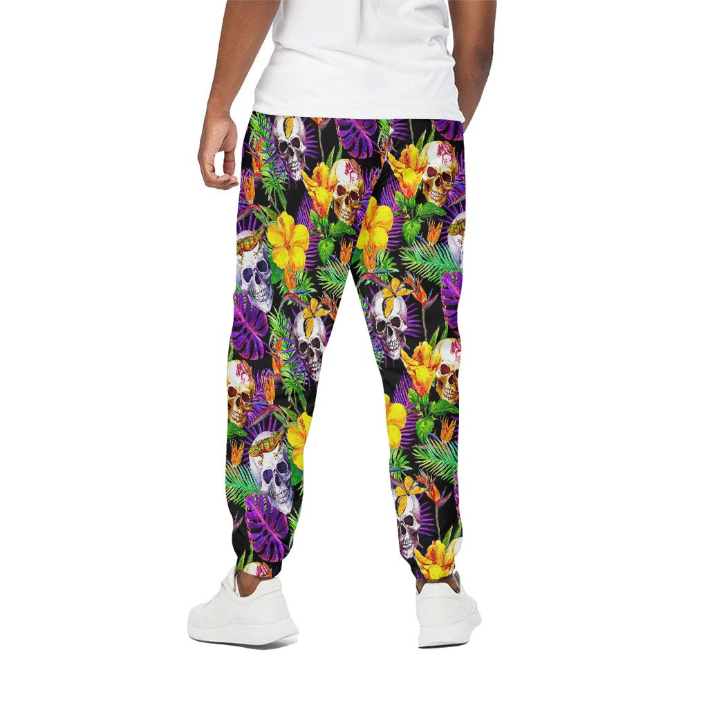 Purple Tropical Skull Pattern Print Cotton Pants