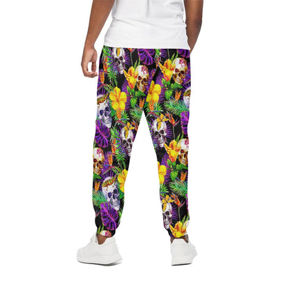 Purple Tropical Skull Pattern Print Cotton Pants
