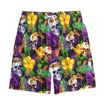 Purple Tropical Skull Pattern Print Cotton Shorts