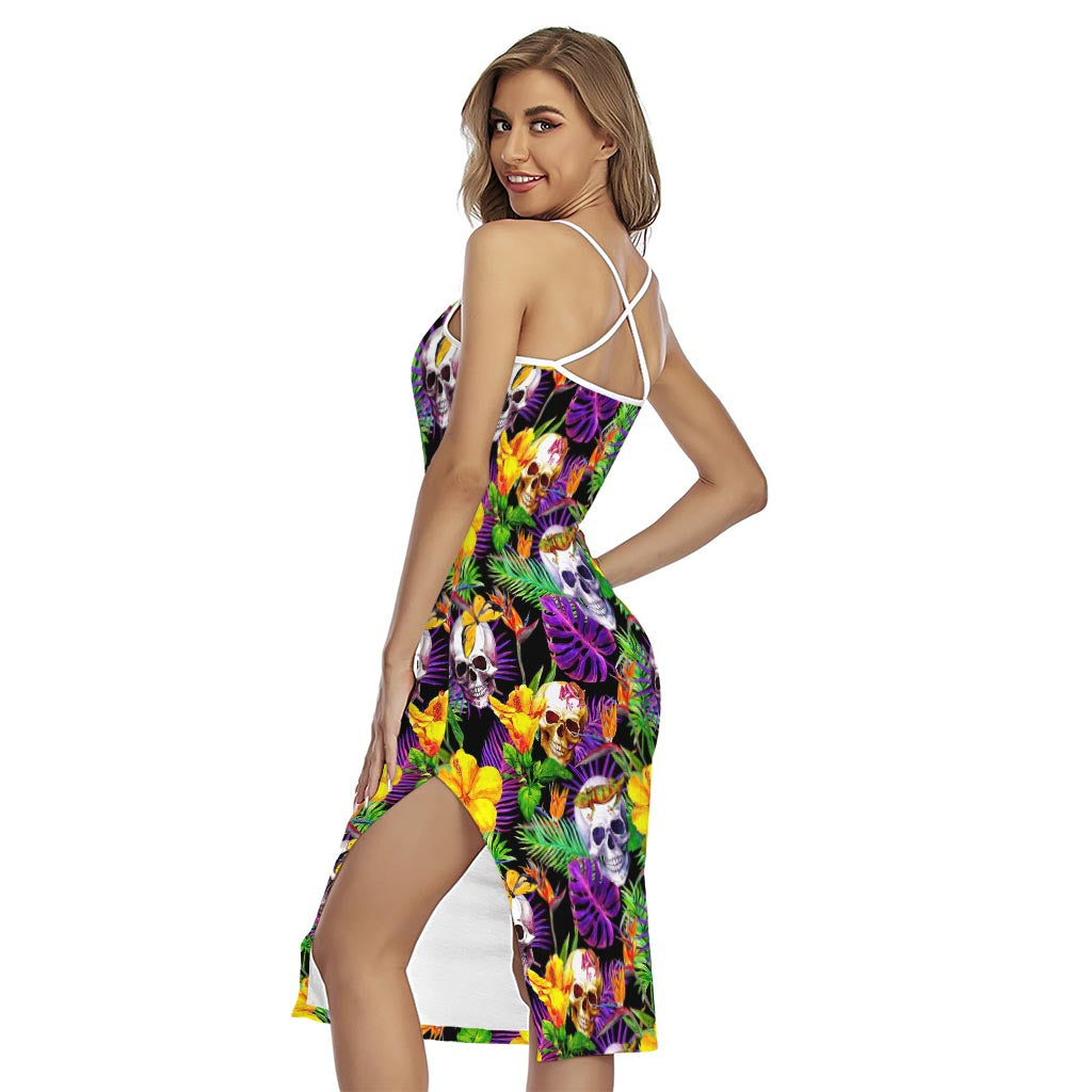 Purple Tropical Skull Pattern Print Cross Back Cami Dress