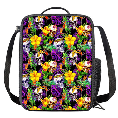 Purple Tropical Skull Pattern Print Crossbody Lunch Bag