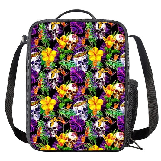 Purple Tropical Skull Pattern Print Crossbody Lunch Bag