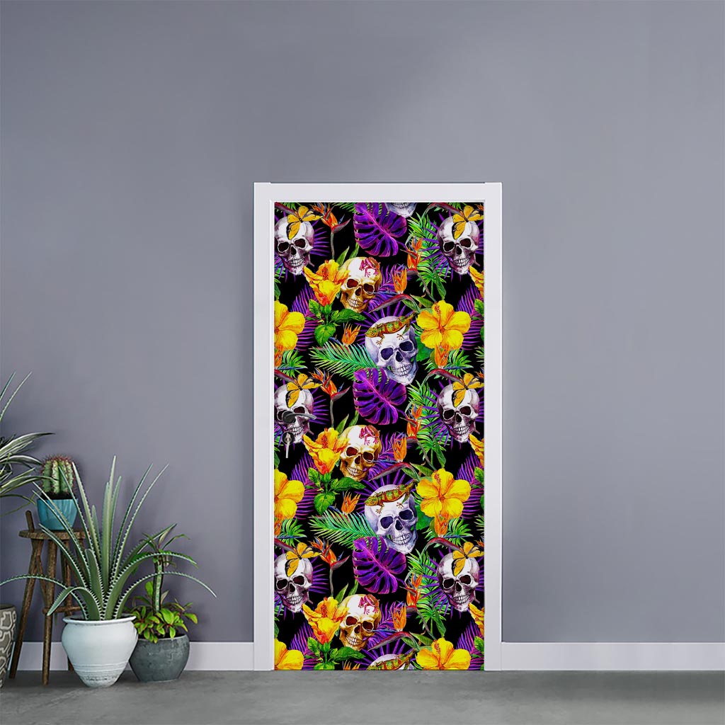 Purple Tropical Skull Pattern Print Door Sticker