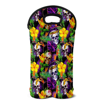 Purple Tropical Skull Pattern Print Double Neoprene Wine Tote
