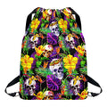 Purple Tropical Skull Pattern Print Drawstring Backpack