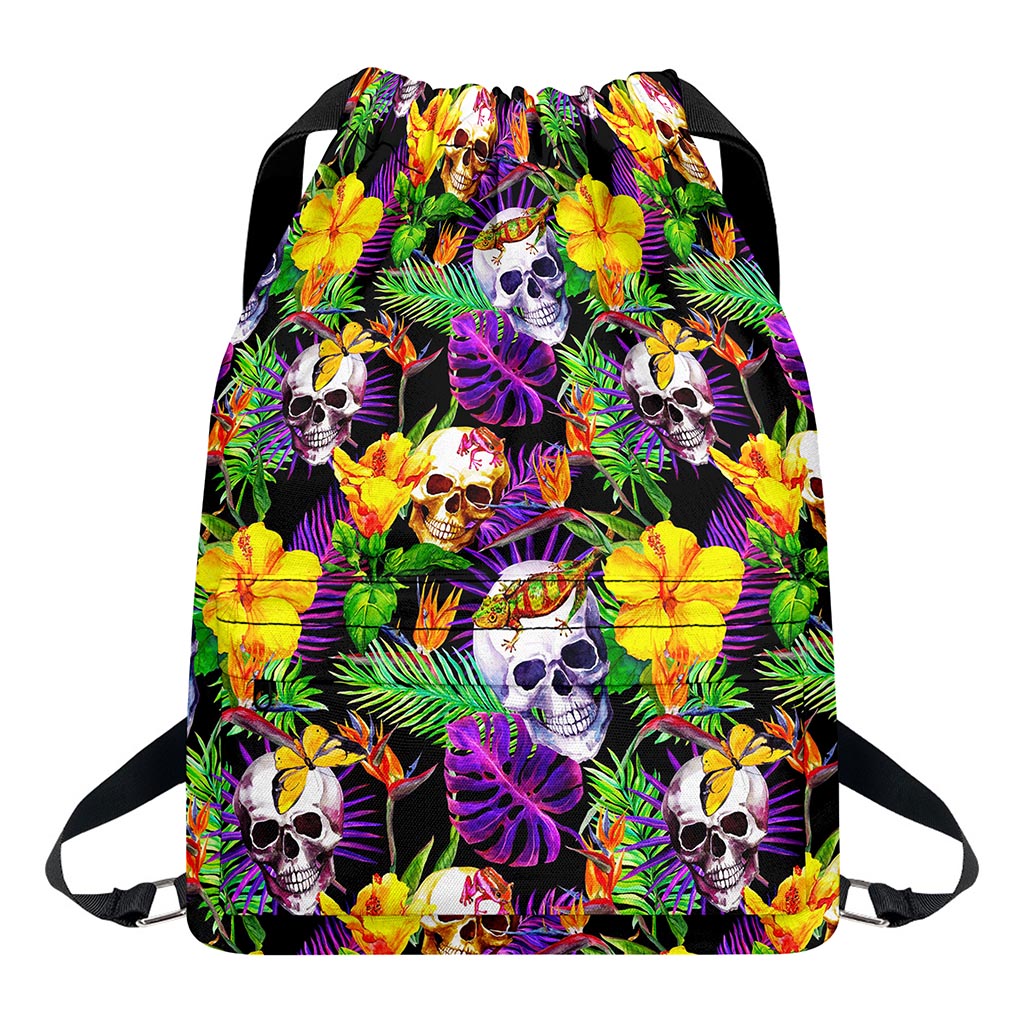 Purple Tropical Skull Pattern Print Drawstring Backpack